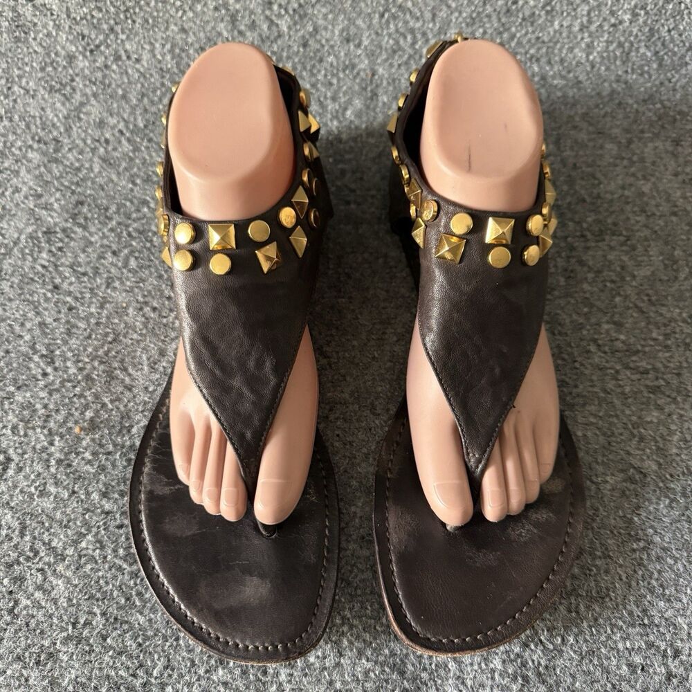 Tory Burch Leather Studded Gladiator Sandal Thong Cuff Ankle Wrap Brown Size 10M